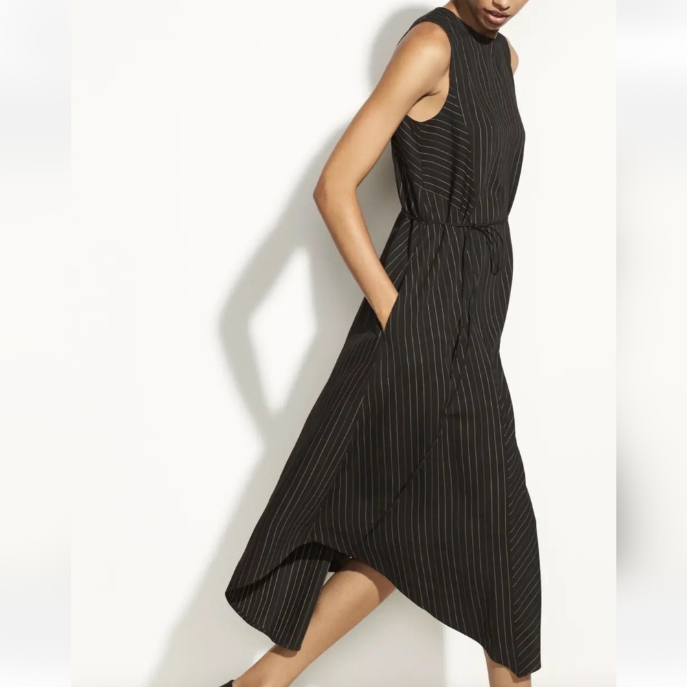 VINCE Handkerchief Asymmetrical Hem Sleeveless Pin Striped Black/Tan Midi Dress